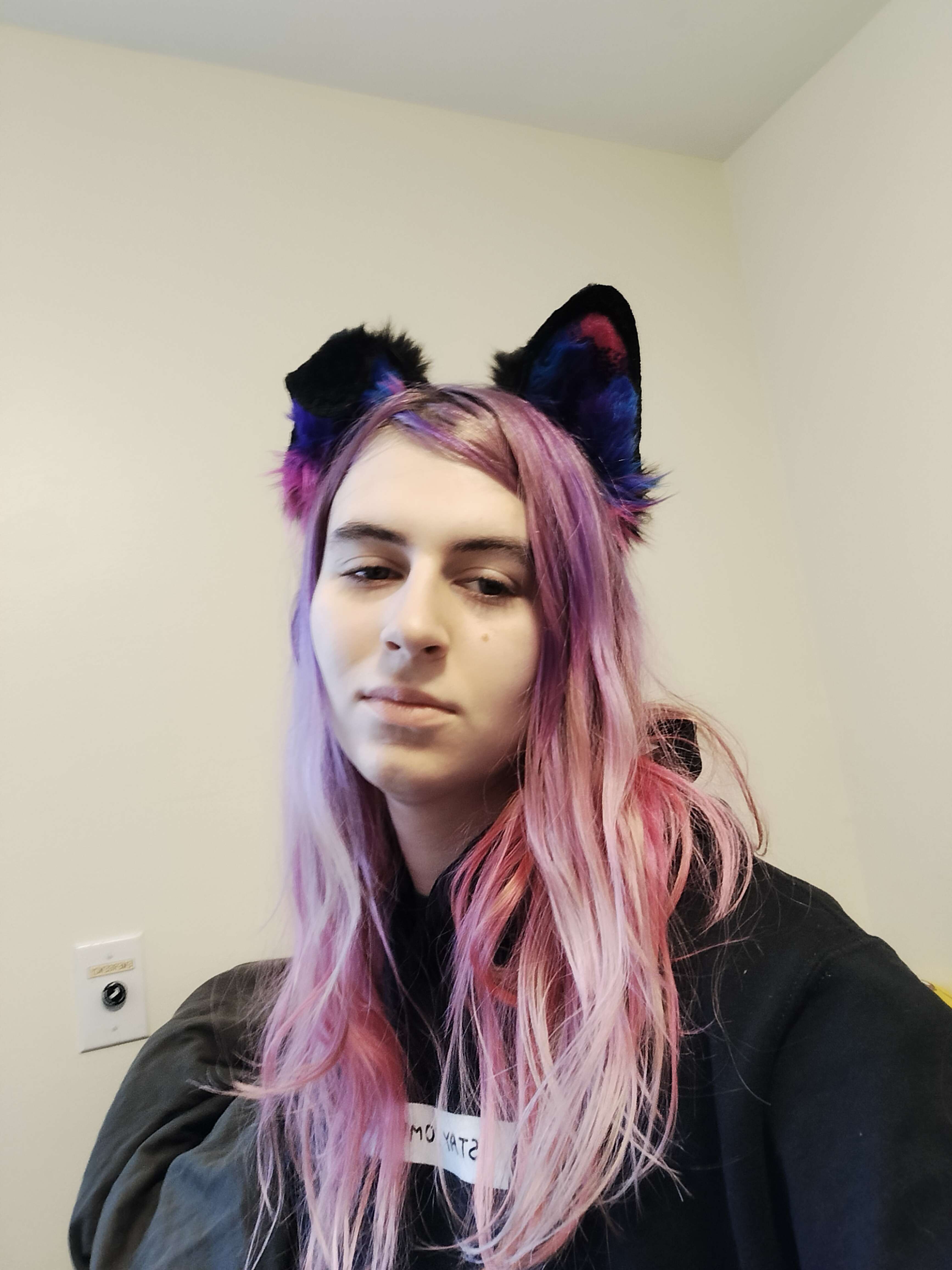 image of a young woman with long purple and pink dyed hair that is somwhat faded, wearing a pair of fluffy dog ears and a black hoodie. She looks very hirable and professional.